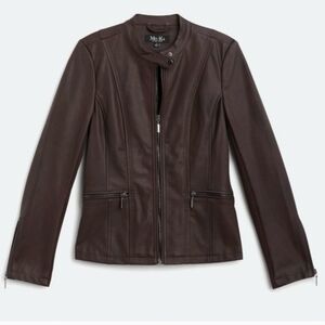 NEW Mo-Ka Faux Leather Jacket Lined Zip Pockets  Chocolate Burgundy Plum Small